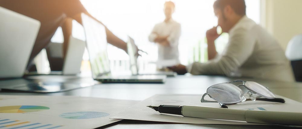 Business concept with copy space. Office desk table with pen foc